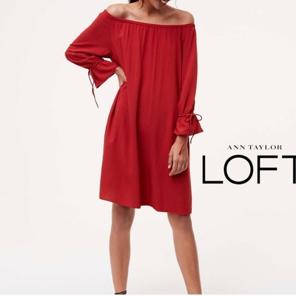 LOFT Dresses & Skirts - LOFT Dress Tie Cuff Off The Shoulder Red Size Small